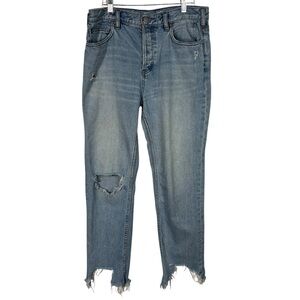 Free People Distressed Light Wash Straight Leg Chewed Hem Button Fly Jeans 28